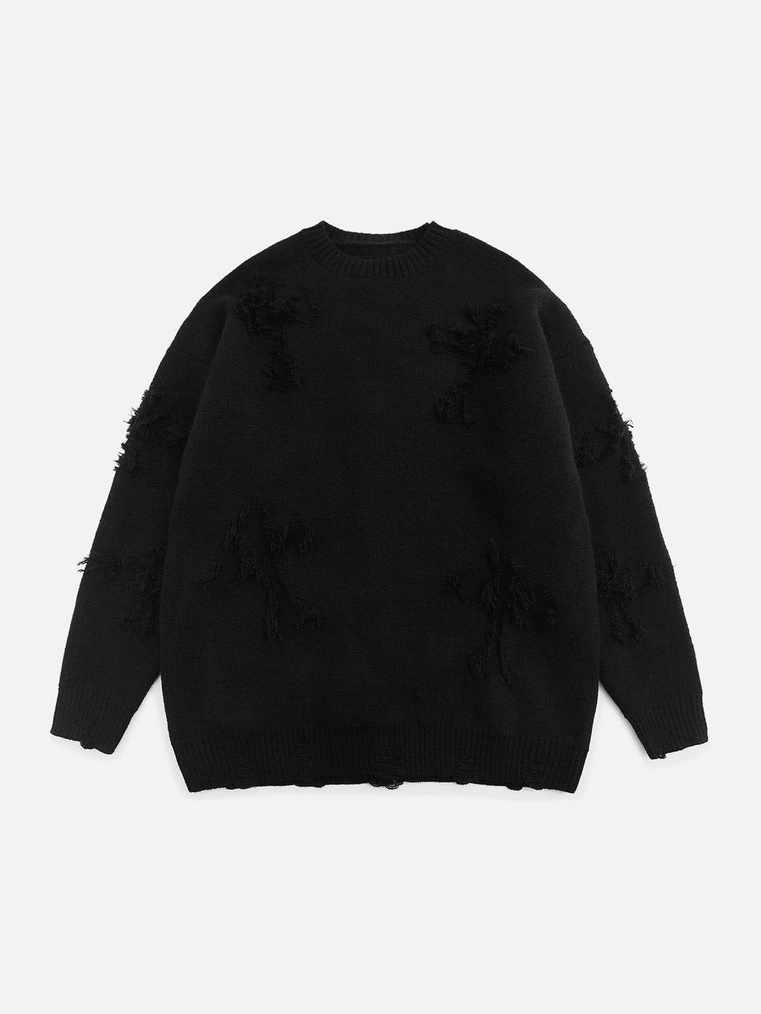 Front view of a black TALISHKO sweater with textured cross patchwork, ideal for urban style.
