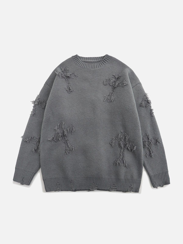 Gray patchwork sweater by TALISHKO, featuring cross designs, shown from the front.