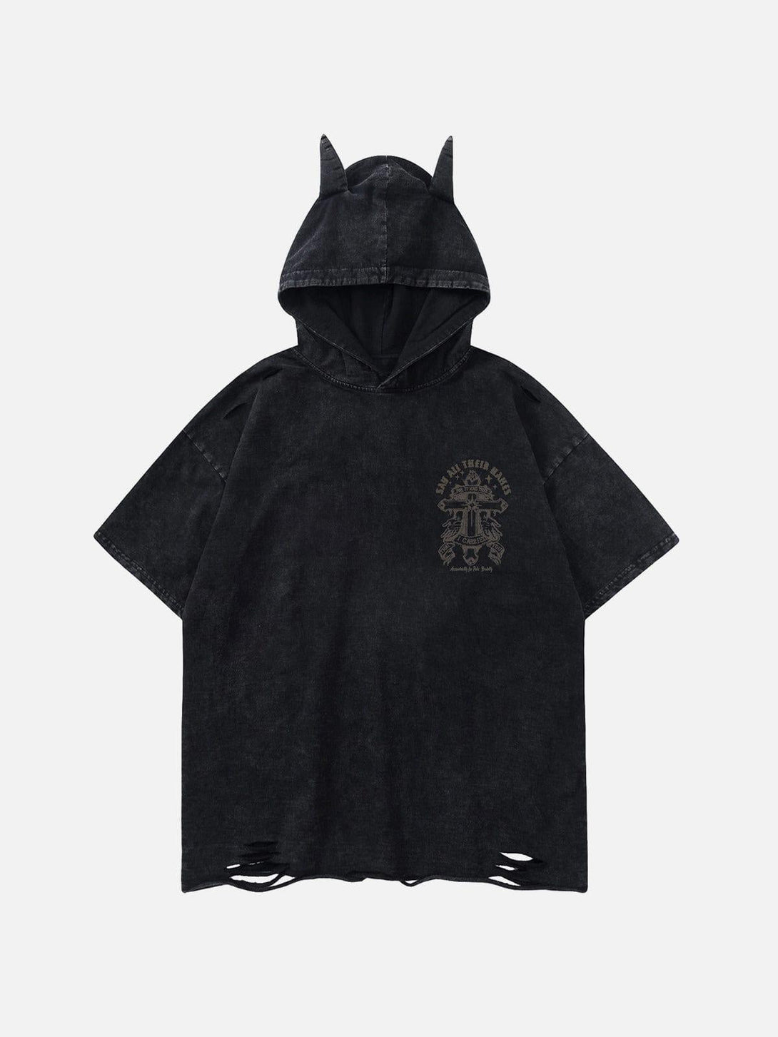 Black hooded tee with ear details, front print, and distressed hem by TALISHKO, perfect for casual style.