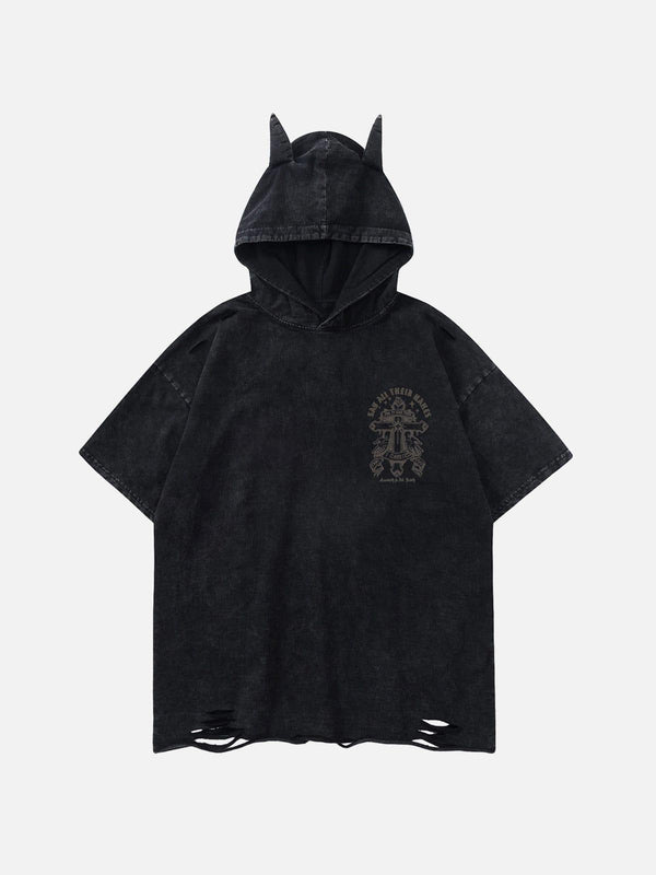 Black hooded tee with ear details, front print, and distressed hem by TALISHKO, perfect for casual style.
