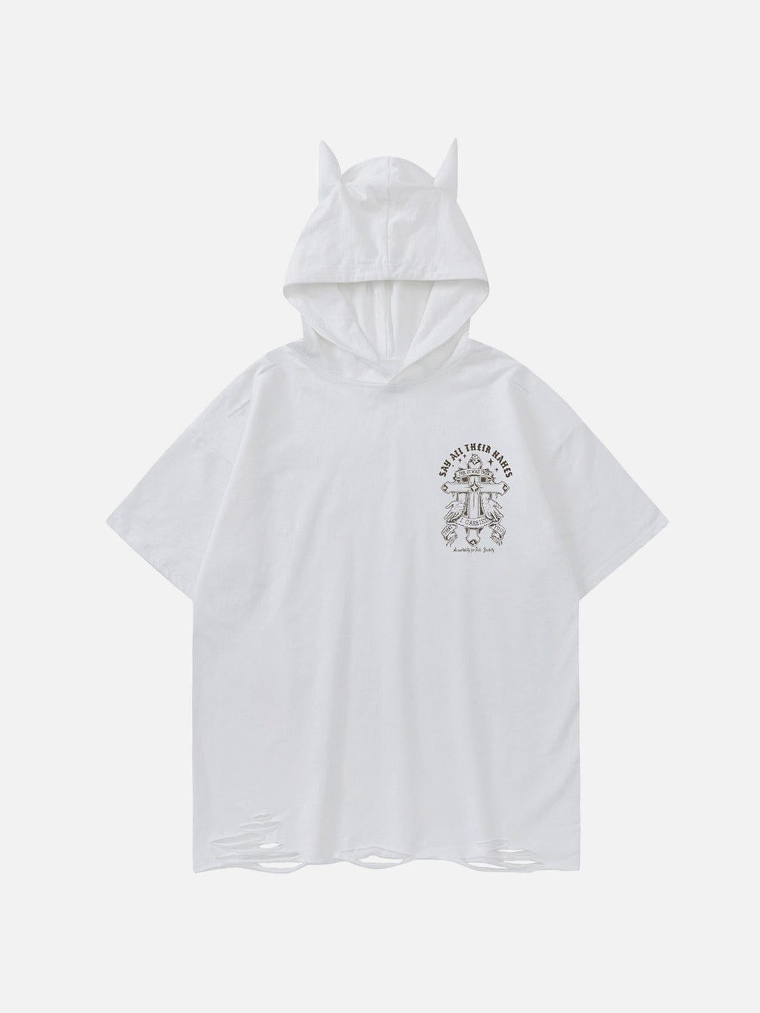 White hooded tee by TALISHKO, front view with playful ear details and unique front print.