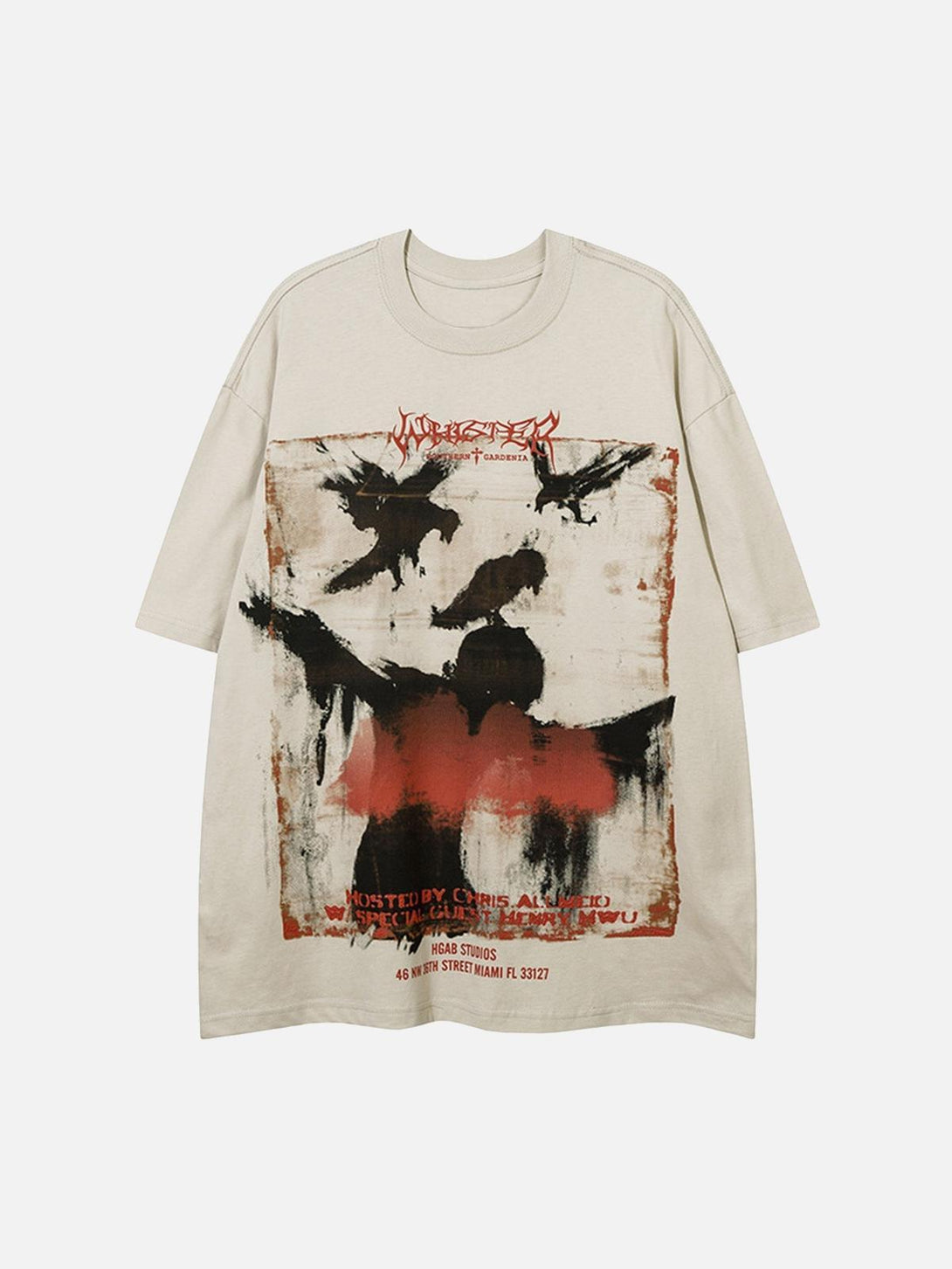 Front view of a khaki hip-hop T-shirt by TALISHKO with an abstract crow and shadow design.