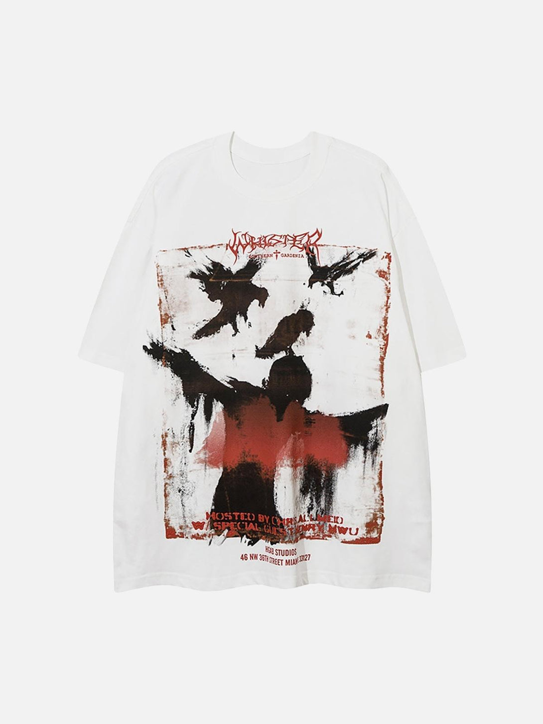 Front view of a white TALISHKO hip-hop T-shirt showcasing an abstract crow and shadow design.