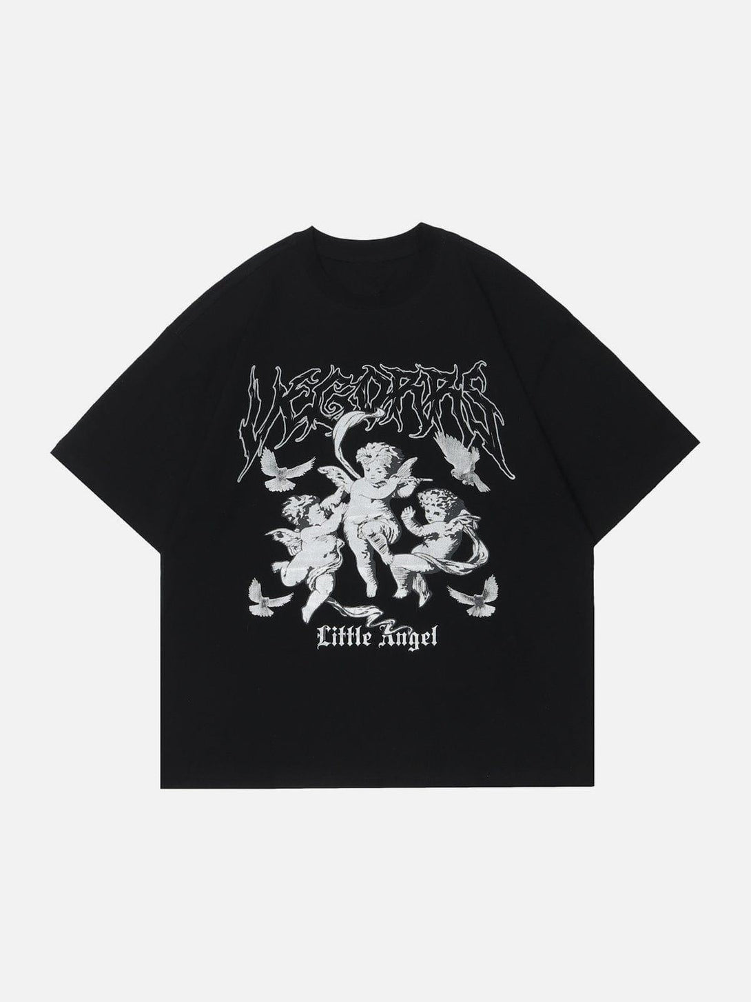 Black tee with cherub and bird design, front view by TALISHKO, ideal for casual wear.