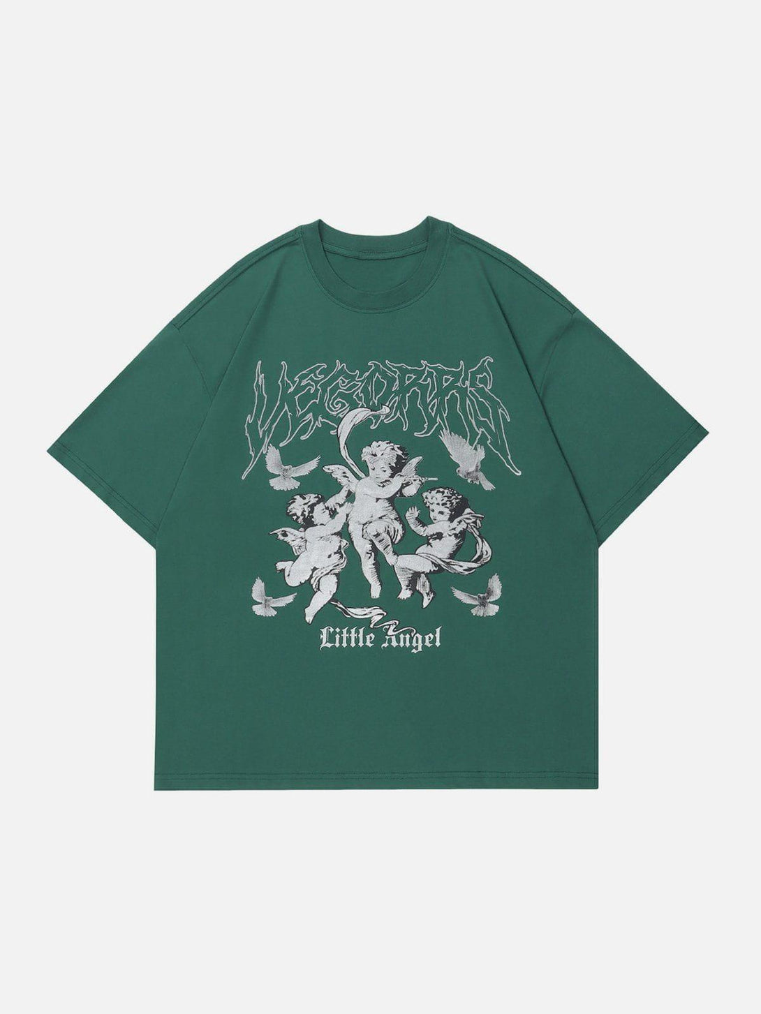 Green TALISHKO tee featuring cherub and bird print, front view, ideal for casual outfits.