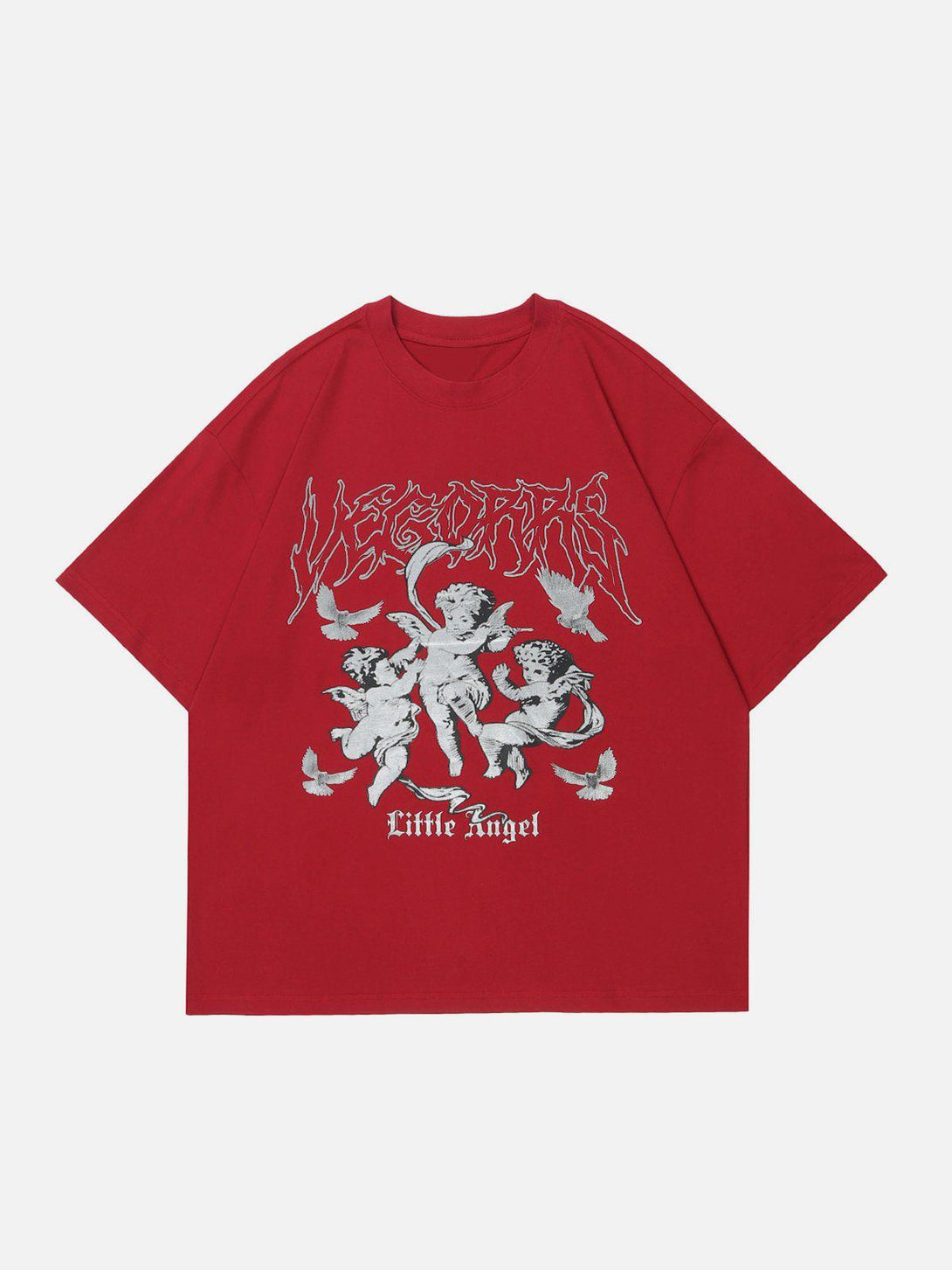 Front view of red TALISHKO t-shirt featuring cherub and bird print, great for casual summer looks.