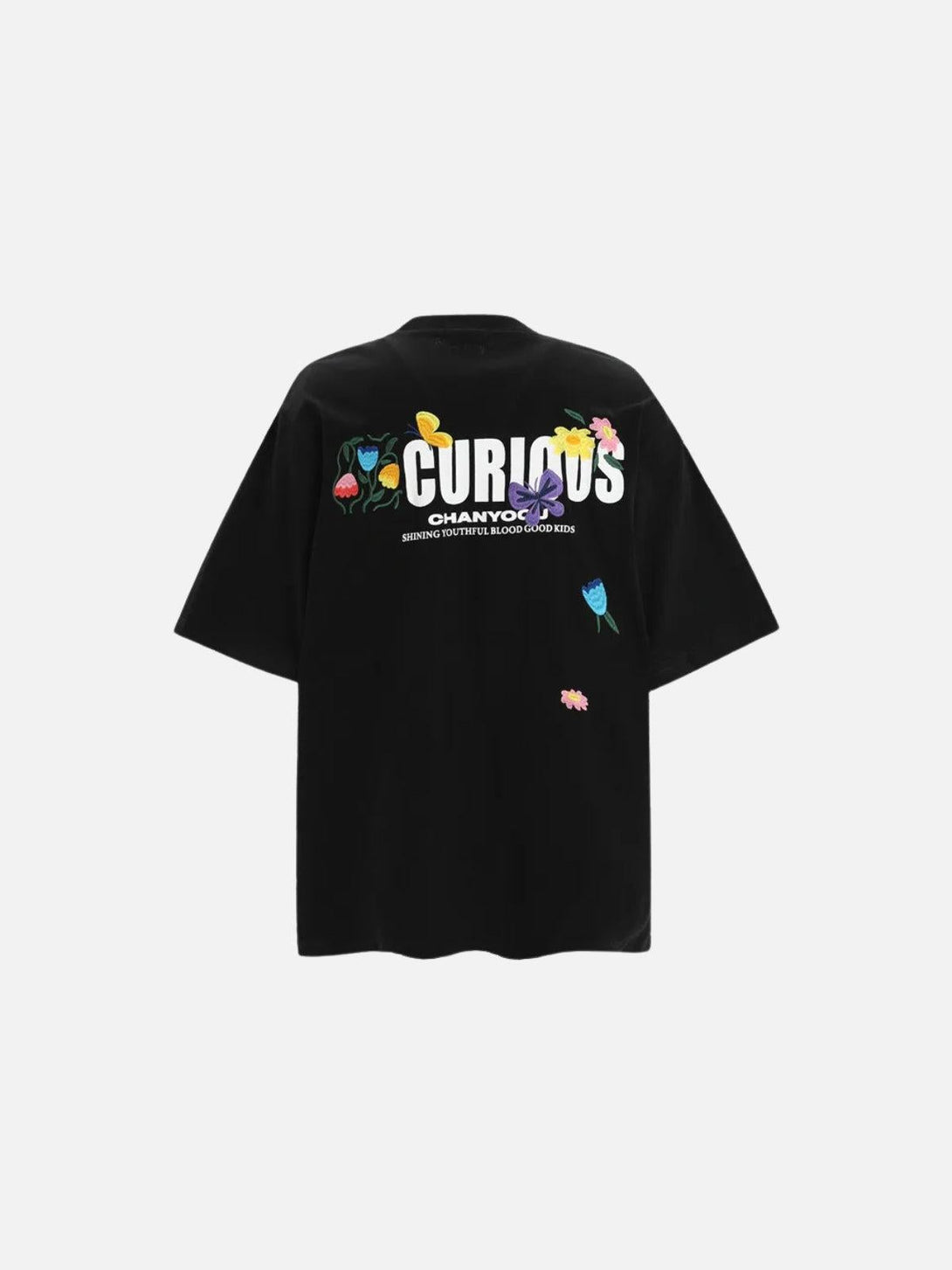 Front view of black TALISHKO tee featuring vibrant floral embroidery and "Curious" text design.