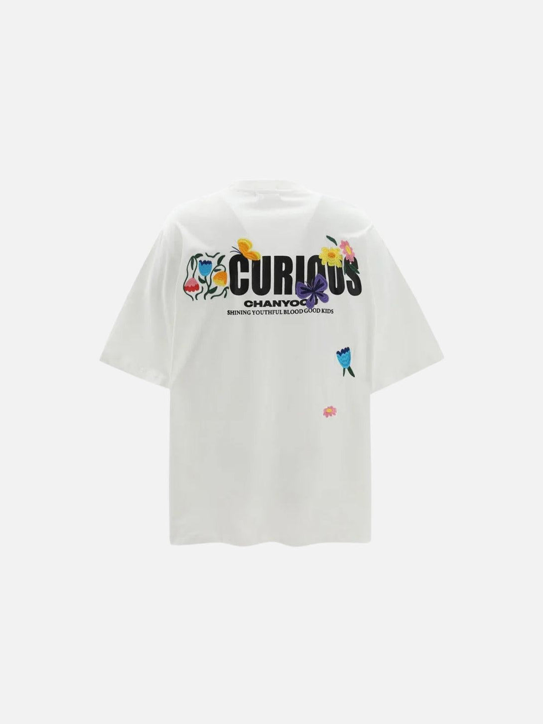 Front view of a white TALISHKO tee with colorful floral embroidery and "Curious" text design.