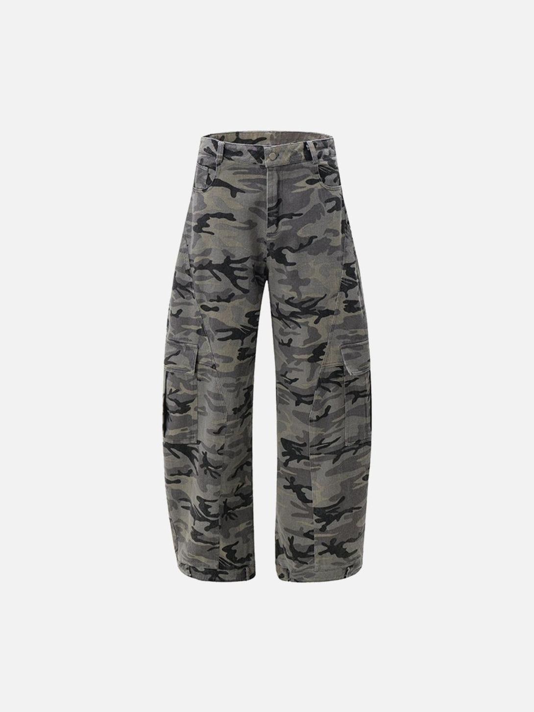 Front view of TALISHKO camouflage cargo pants with a curved leg and paneled design.