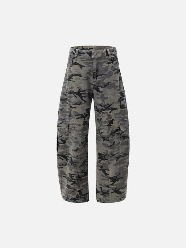 Front view of TALISHKO camouflage cargo pants with a curved leg and paneled design.