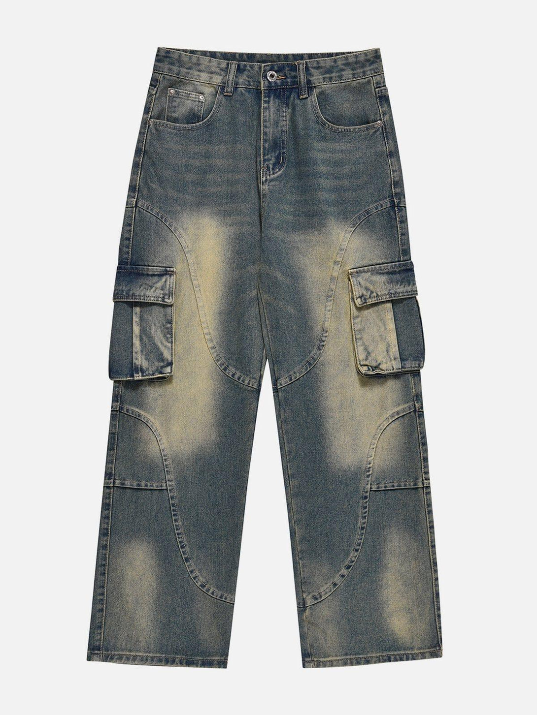 Front view of blue curved patchwork jeans by TALISHKO, showcasing a unique street style design.