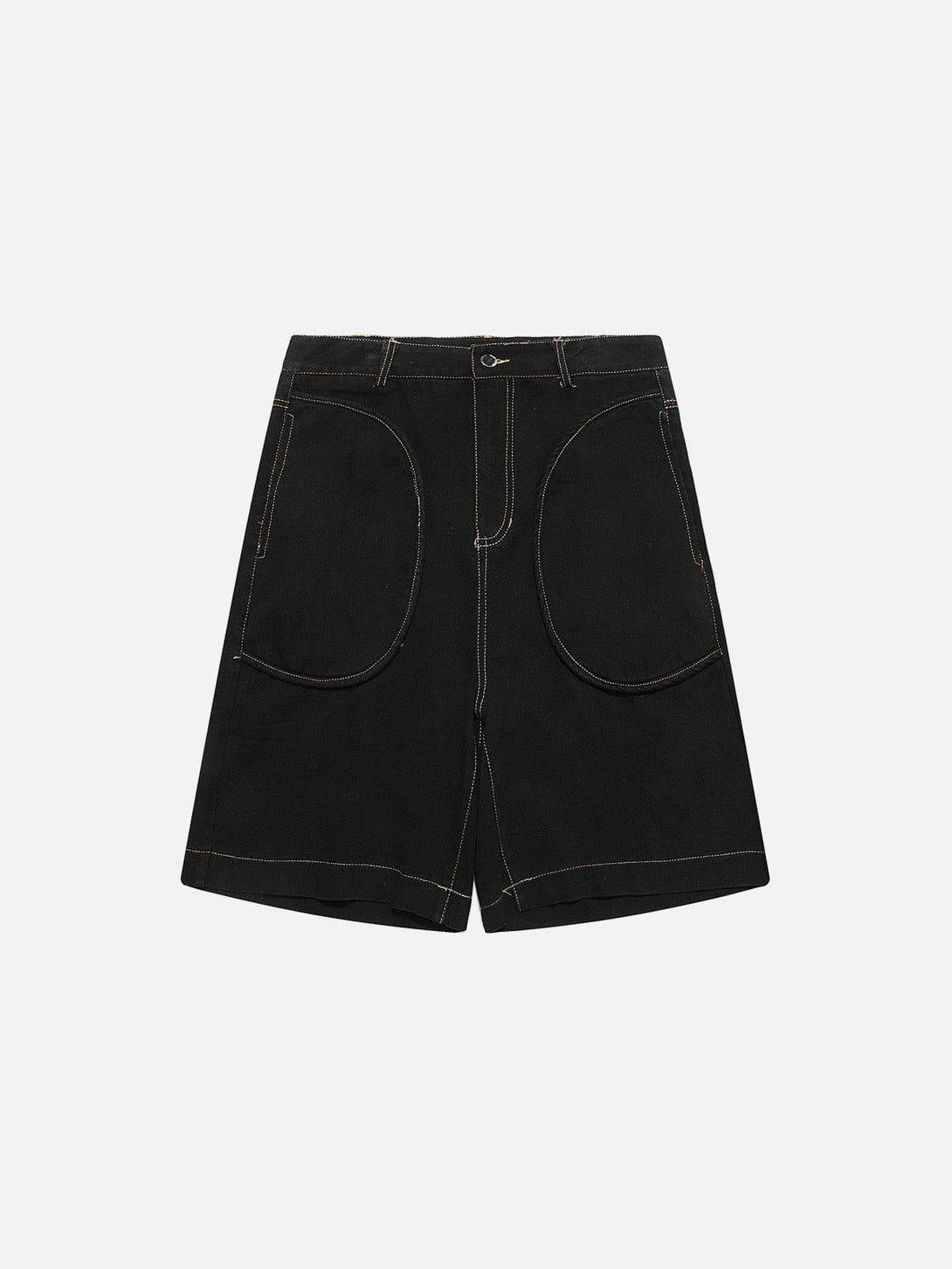 Black jorts with curved pockets by TALISHKO, front view highlighting casual summer vibes.