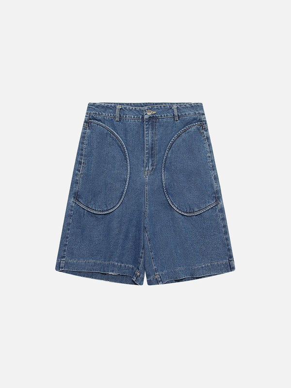 Blue jorts with curved pockets by TALISHKO, front view showcasing casual summer style.