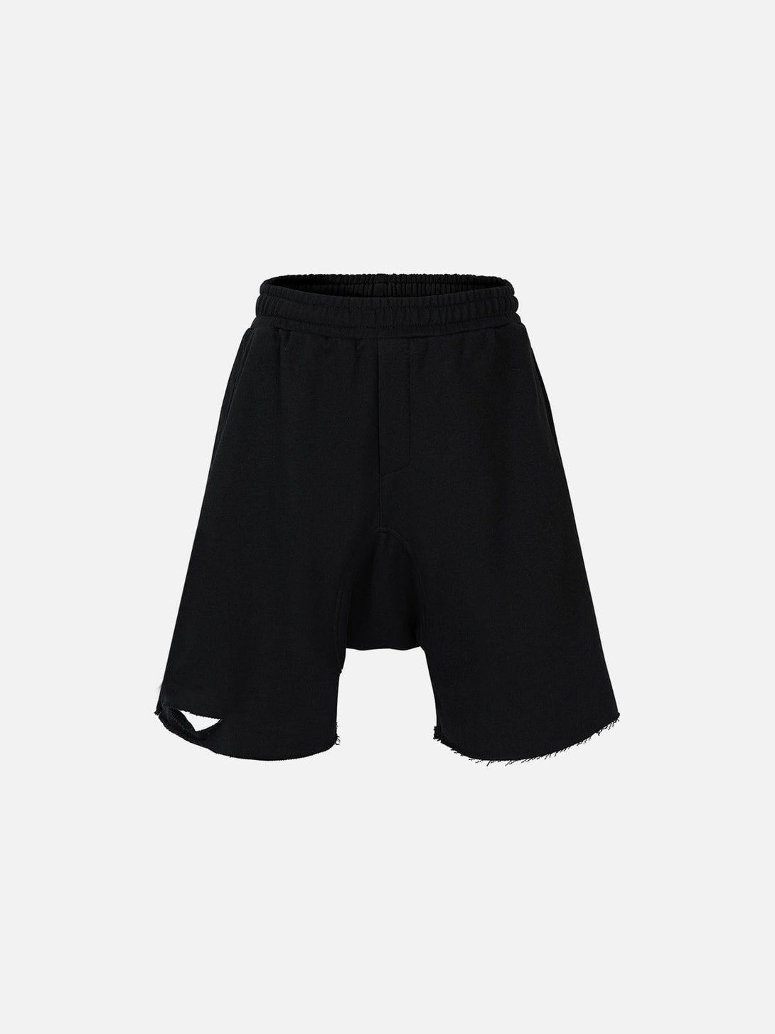Front view of black cut distressed shorts by TALISHKO, featuring a relaxed silhouette and raw hem.