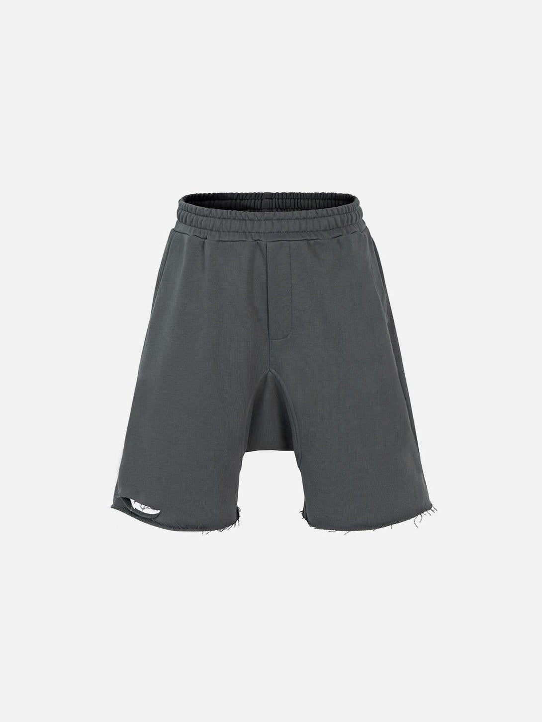 Front view of gray cut distressed shorts by TALISHKO, featuring a relaxed fit and frayed edges.