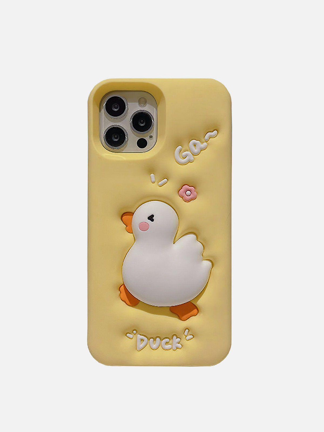 Cute 3D duck phone case in yellow by TALISHKO, featuring a playful duck design and floral accents.