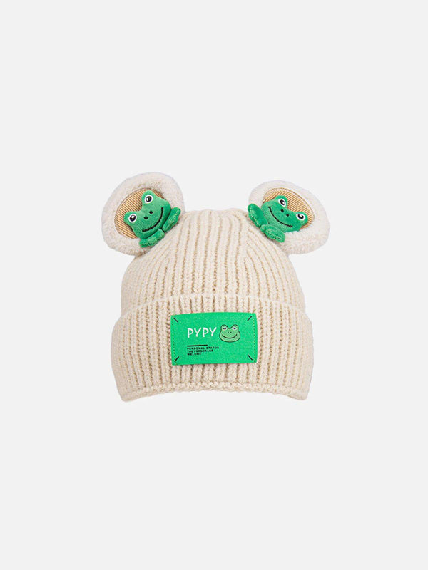 TALISHKO beige knitted hat with charming 3D frog details on ear flaps, perfect for playful style.