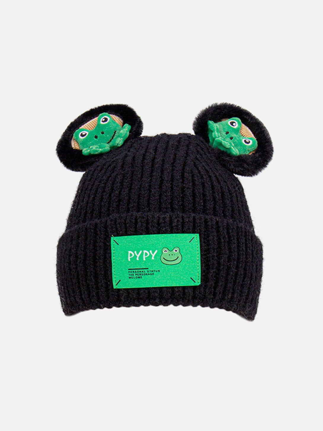 Black knitted hat by TALISHKO featuring playful 3D frog details on the ears, front view.