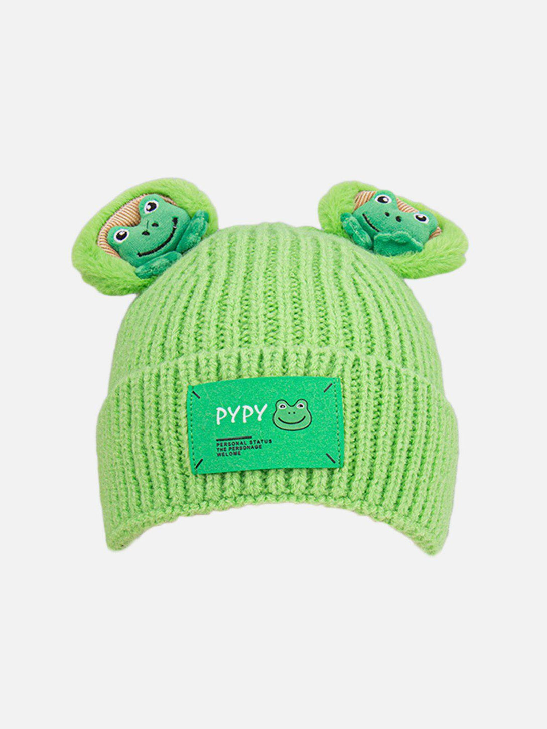 TALISHKO green knitted hat with adorable 3D frog ears, adding a playful touch to your outfit.
