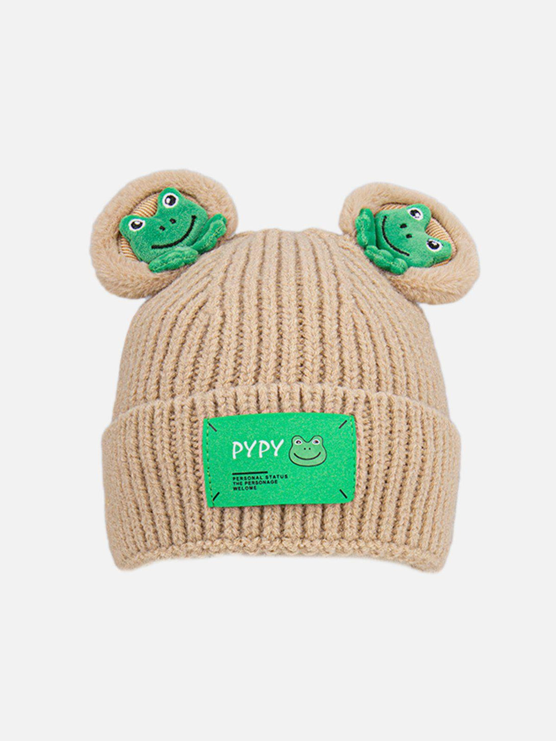 Front view of TALISHKO khaki knit hat with playful 3D frog details for a fun, unique style.