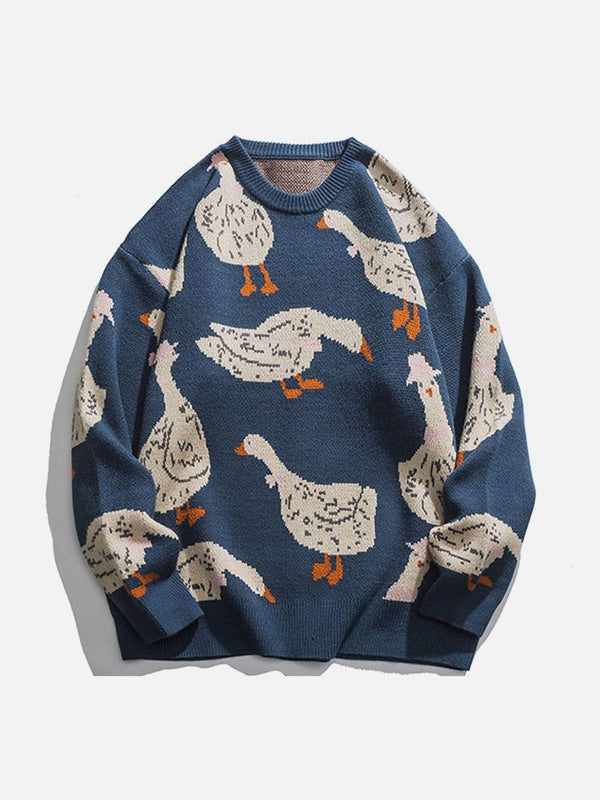Blue knit sweater with playful duck pattern, front view by TALISHKO, perfect for casual style.
