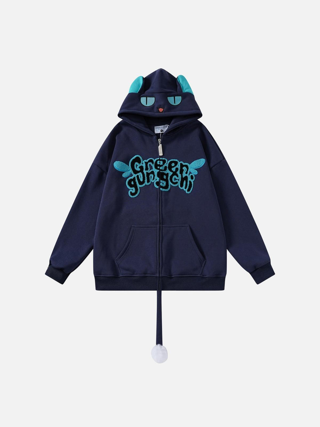 Navy blue zip-up hoodie with cat ears and tail design by TALISHKO, front view.