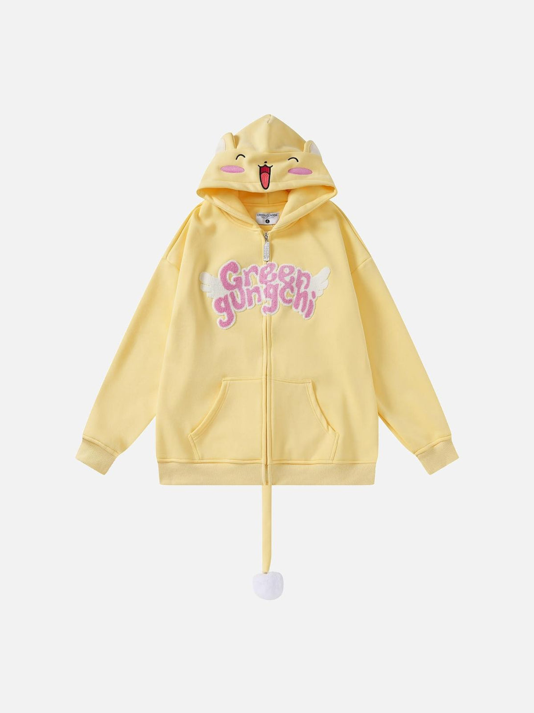 Yellow zip-up hoodie with playful face and tail design by TALISHKO, front view.