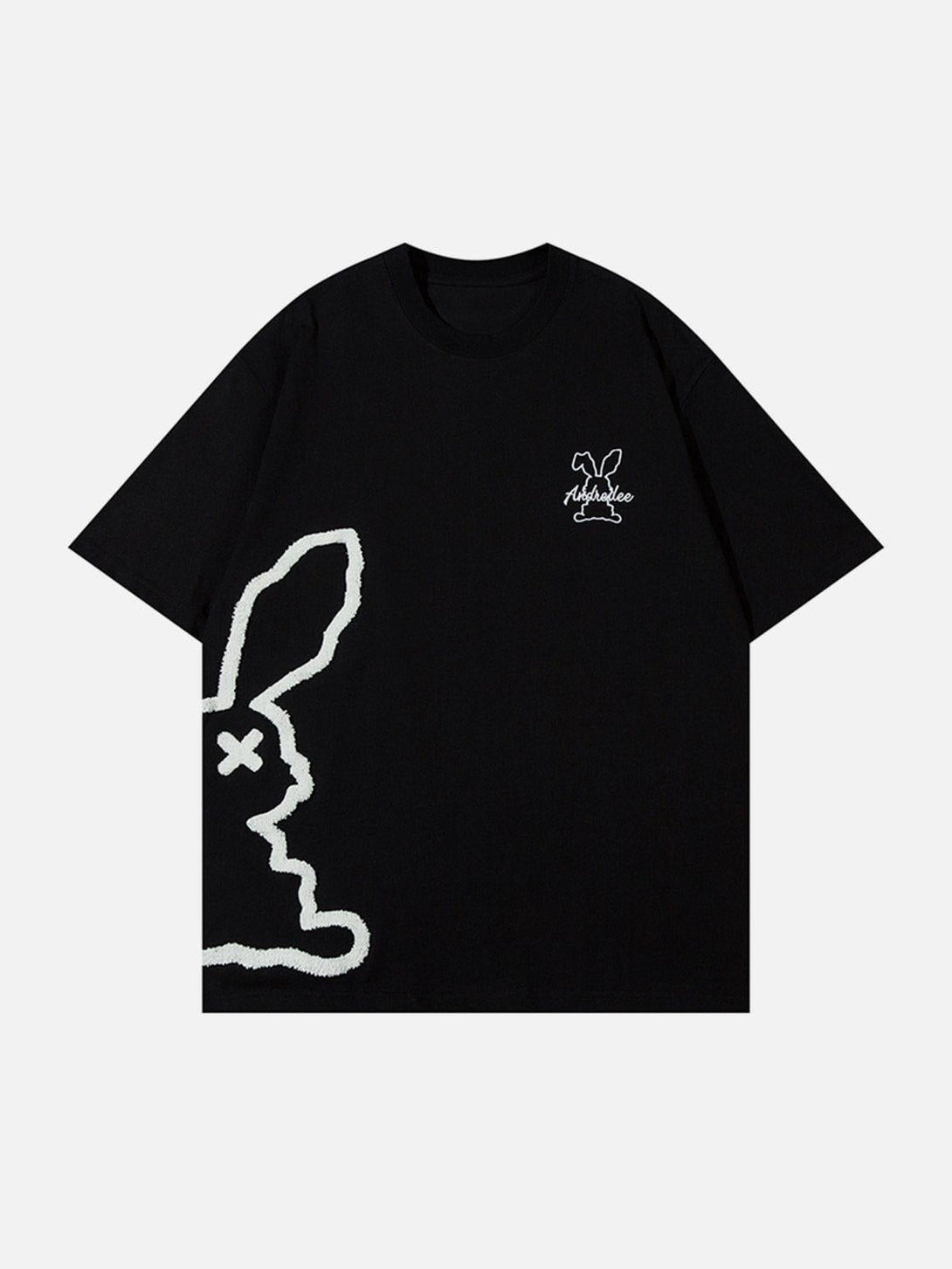 Front view of a black tee featuring rabbit embroidery by TALISHKO, ideal for casual summer looks.