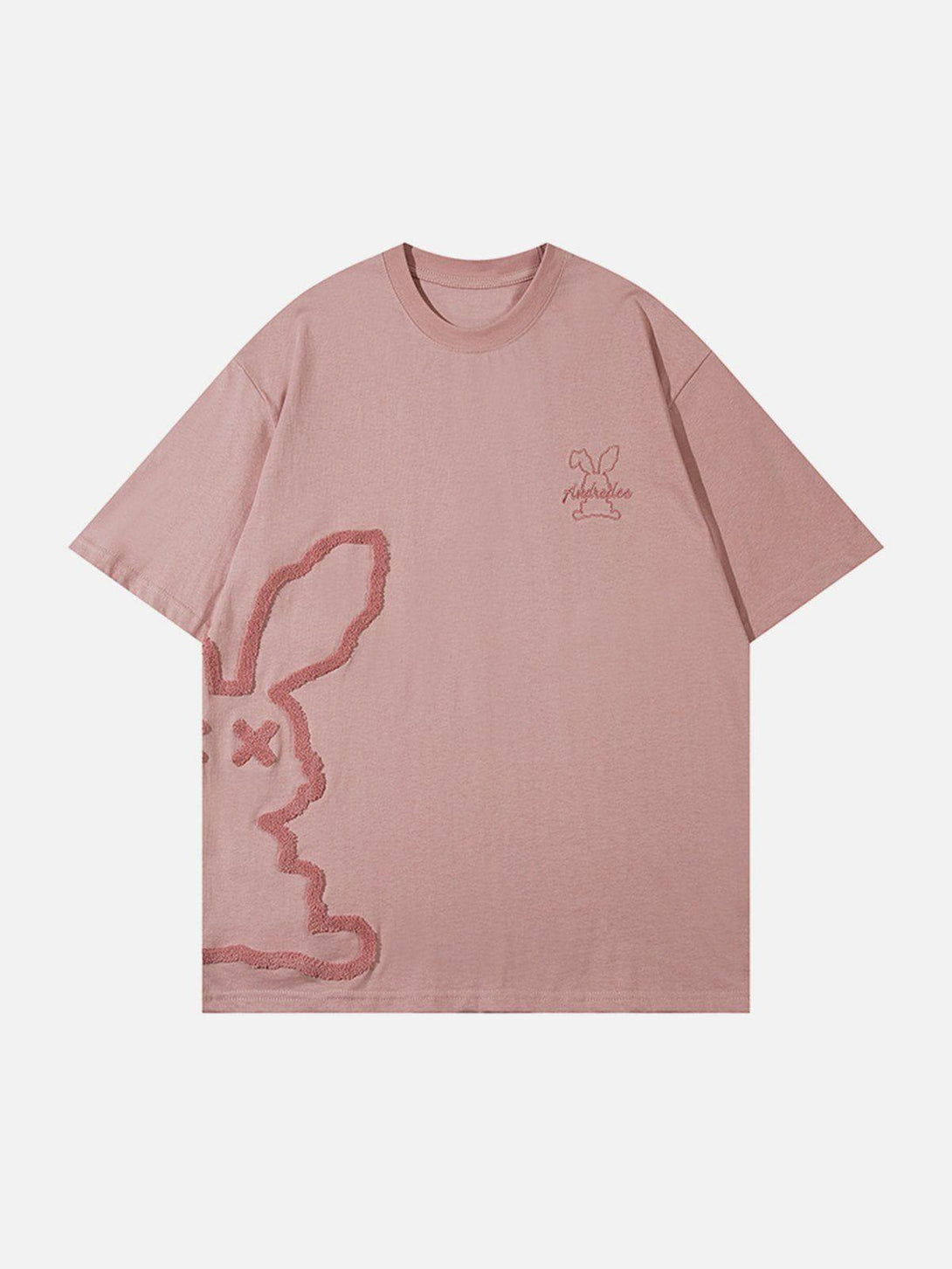 Front view of a pink tee with rabbit embroidery by TALISHKO, perfect for summer style.