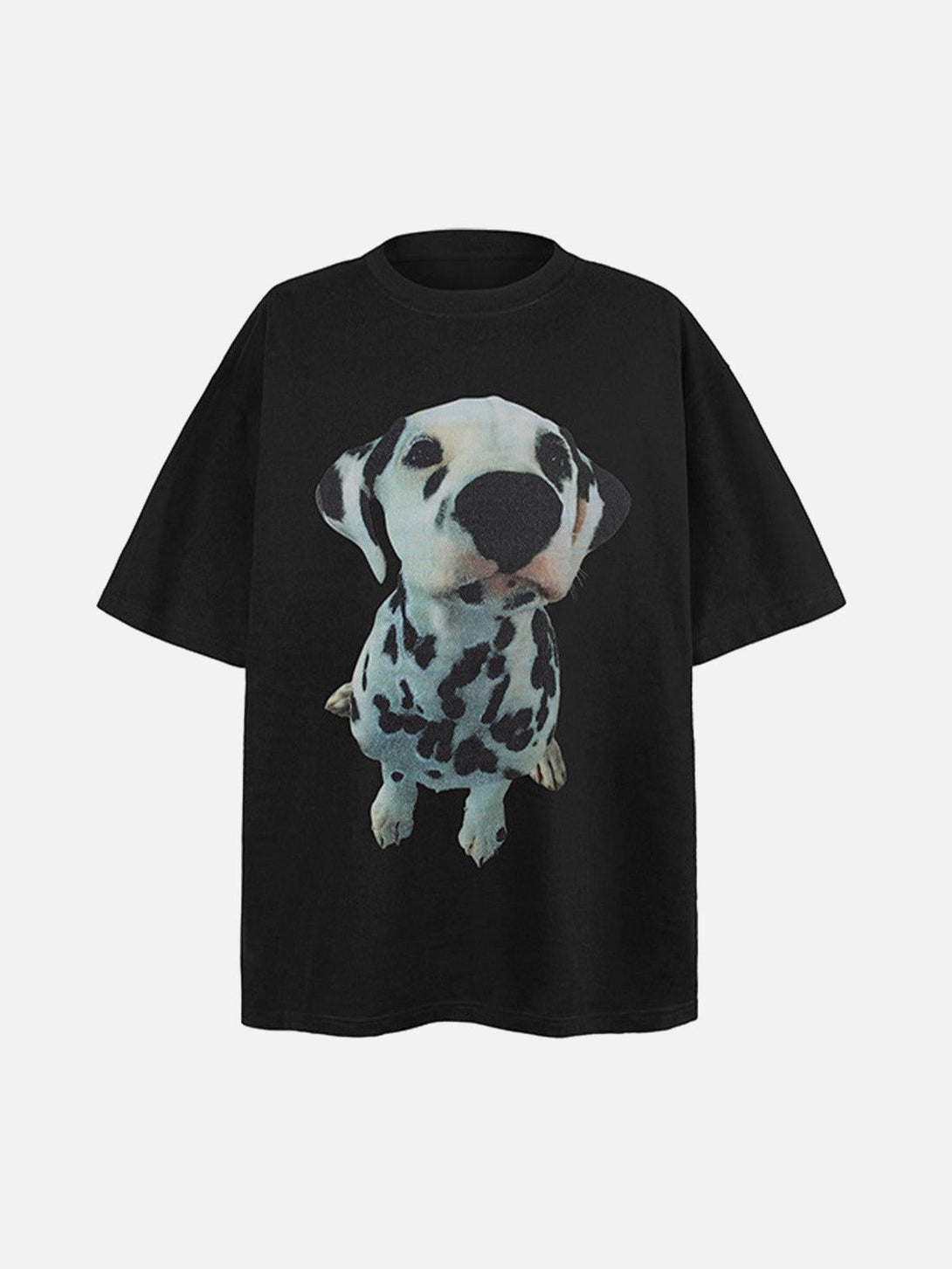 Front view of a black Dalmatian graphic T-shirt by TALISHKO, showcasing playful design.