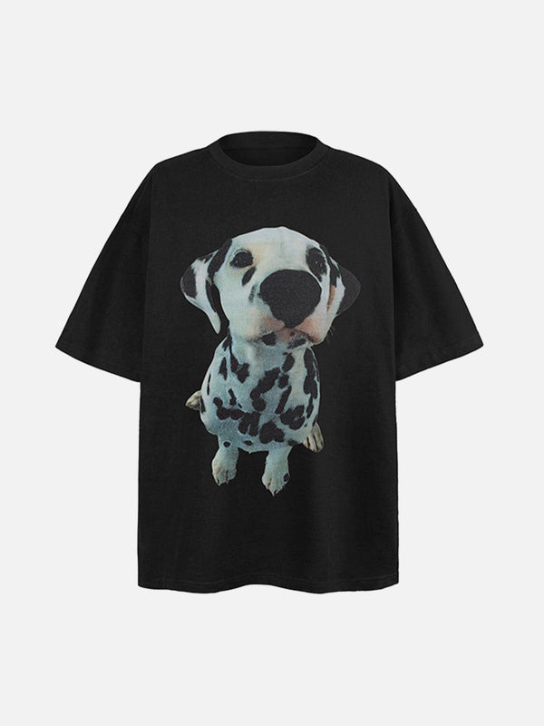 Front view of a black Dalmatian graphic T-shirt by TALISHKO, showcasing playful design.