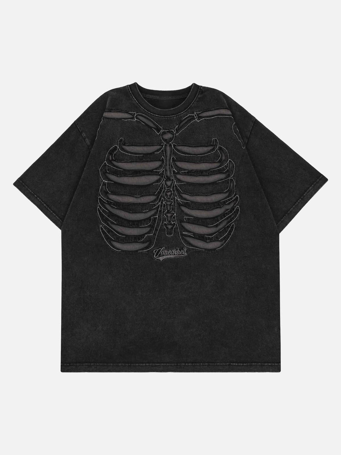 Front view of TALISHKO black short-sleeved T-shirt with a skeleton ribcage design.