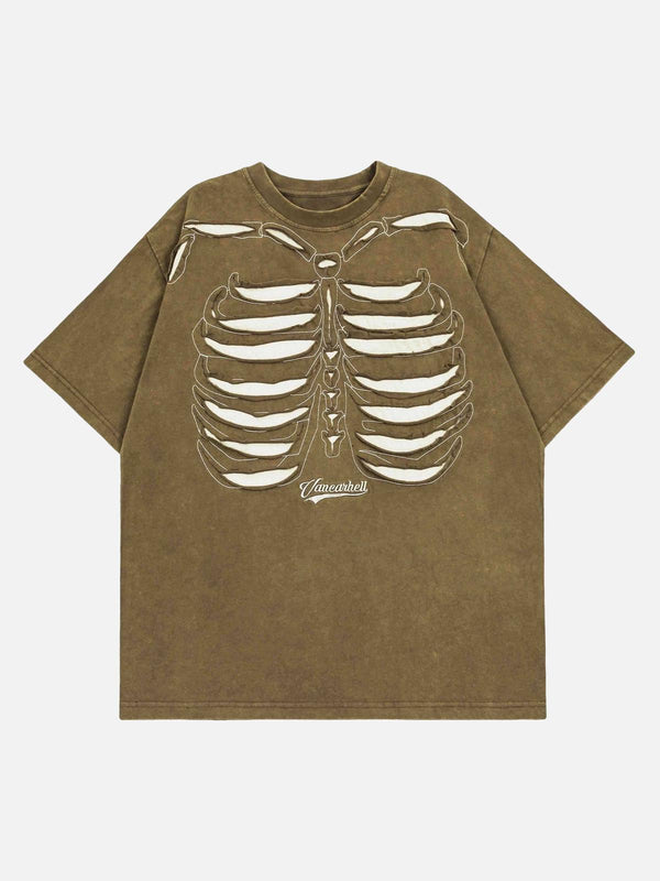 Front view of TALISHKO brown short-sleeved T-shirt featuring a skeleton design.