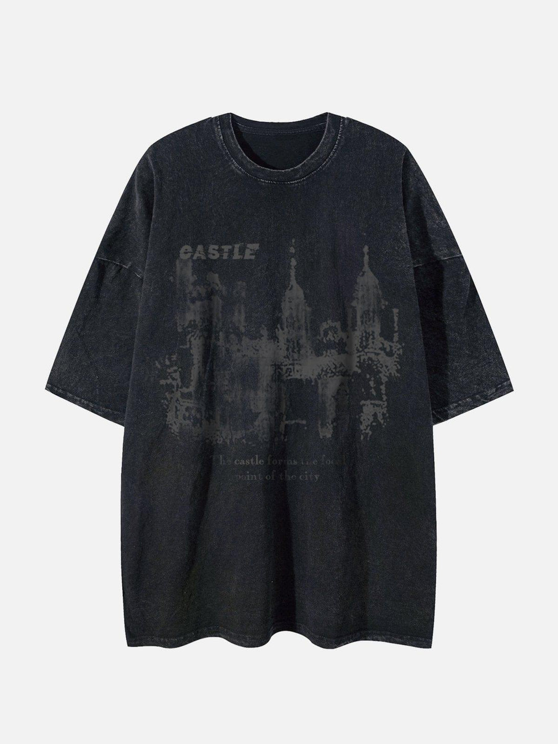 Front view of a black washed graphic tee by TALISHKO, featuring a castle design.