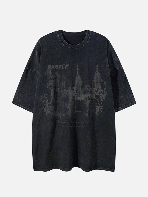 Front view of a black washed graphic tee by TALISHKO, featuring a castle design.