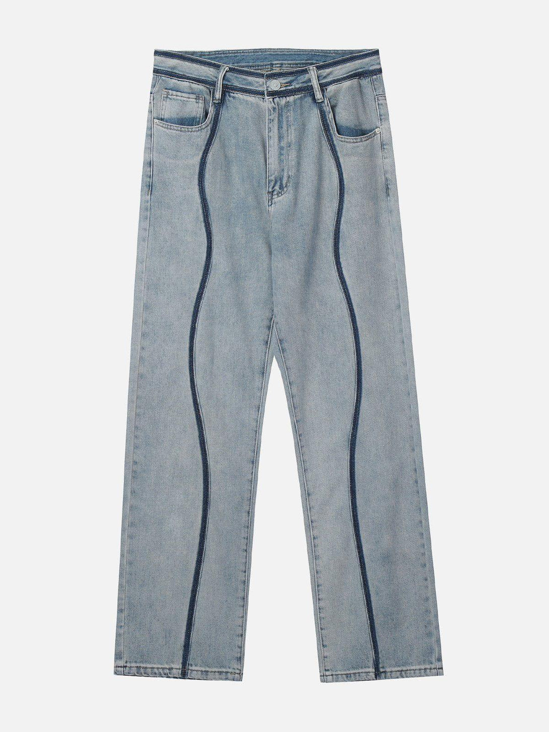 Front view of blue curve patchwork jeans by TALISHKO, showcasing unique streetwear style.