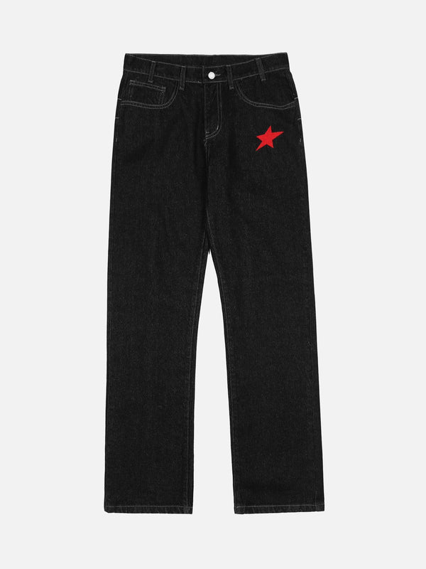 Front view of black straight jeans with a red star by TALISHKO, perfect for urban style.