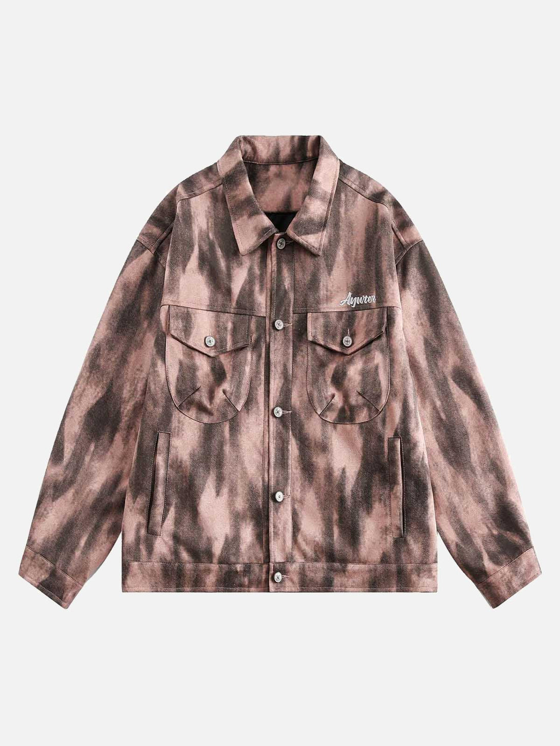 Front view of a pink suede utility jacket by TALISHKO, featuring a dark graffiti pattern.