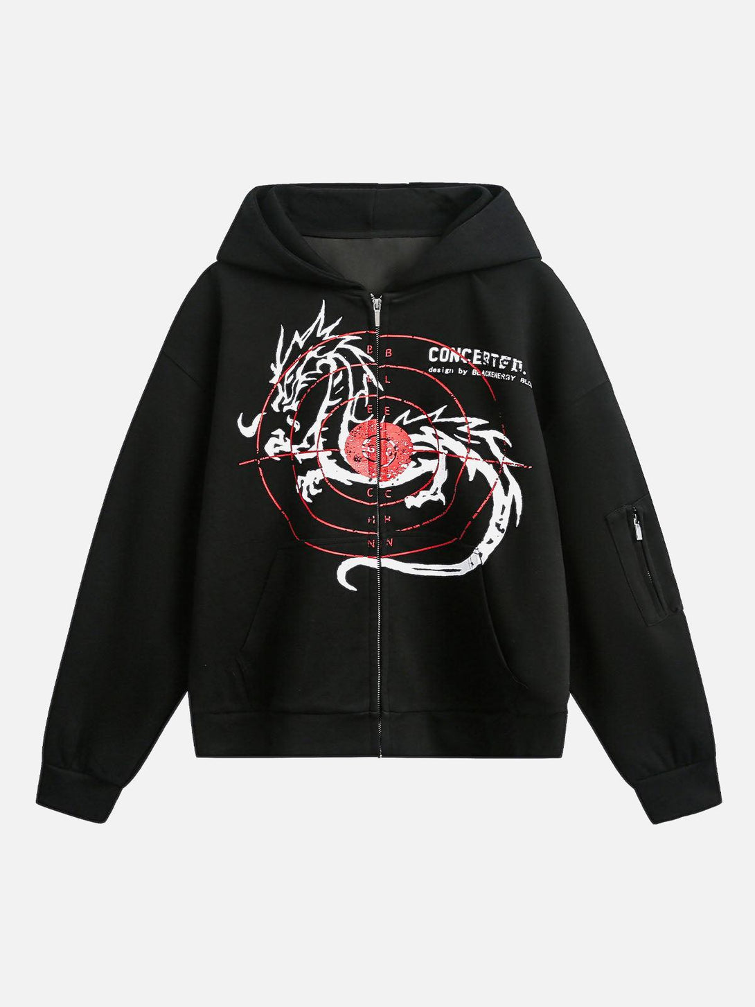 Front view of a black zip-up hoodie by TALISHKO with a striking dragon print design.