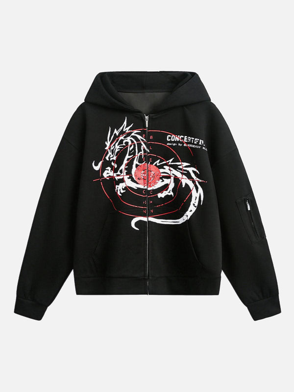 Front view of a black zip-up hoodie by TALISHKO with a striking dragon print design.