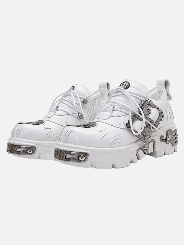 TALISHKO white leather shoes with dark metal accents, showcasing a bold street style front view.