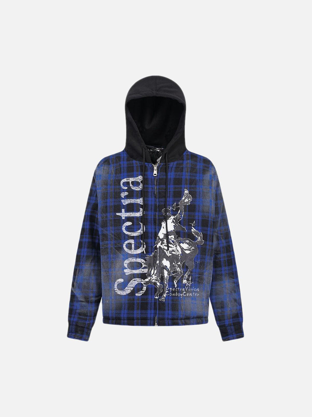 Front view of a blue plaid hooded jacket by TALISHKO, featuring striking graphic details.