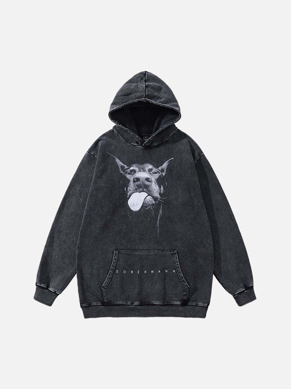 Front view of a black hoodie featuring a Doberman print, perfect for urban style by TALISHKO.