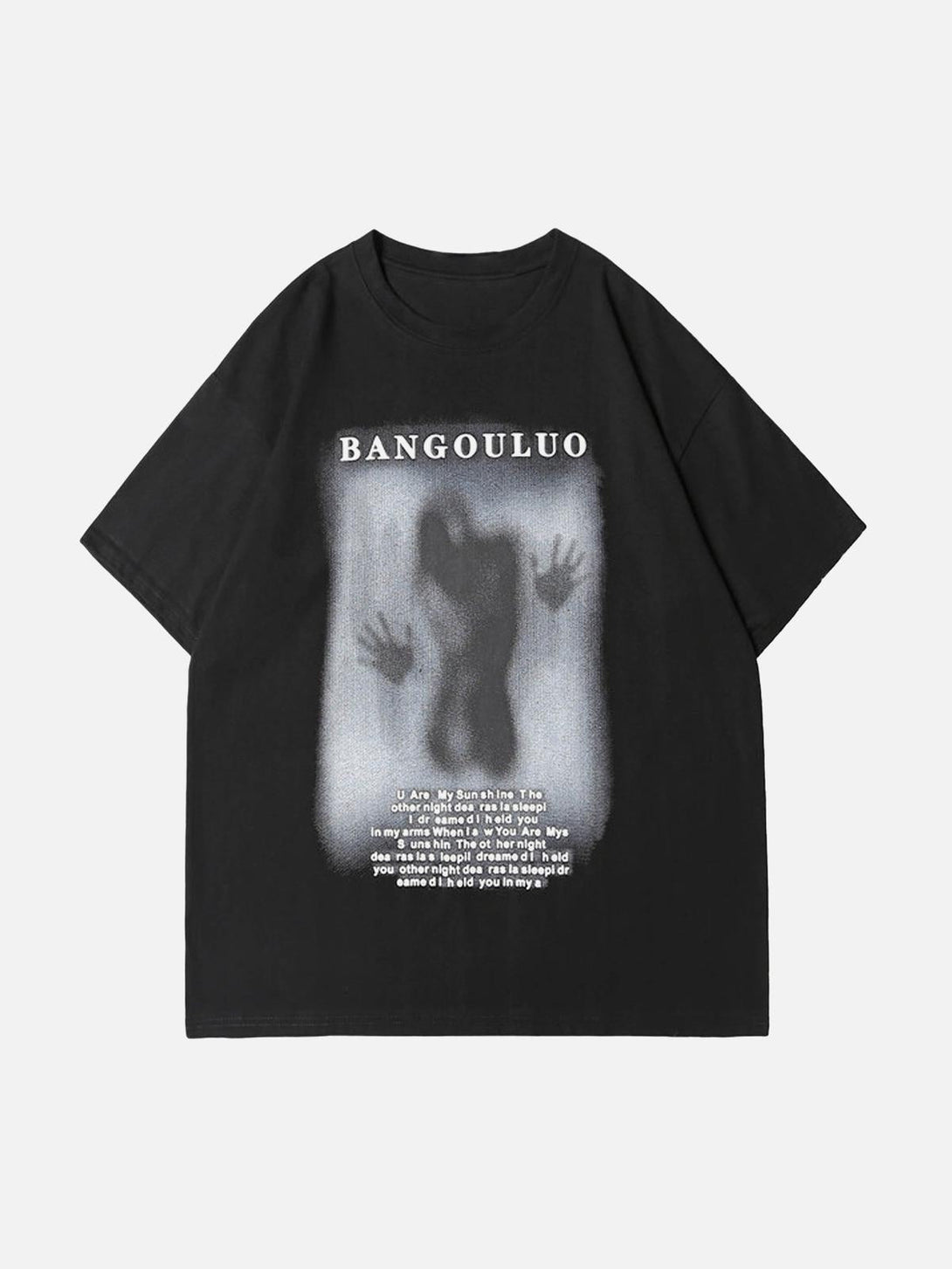 Front view of a black T-shirt featuring a dark silhouette print by TALISHKO, ideal for warm days.