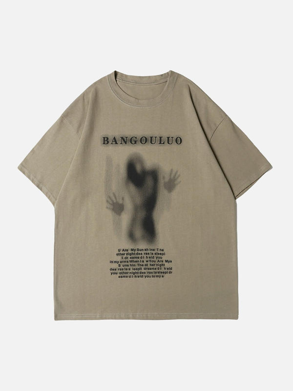 Khaki T-shirt featuring a dark silhouette print on the front by TALISHKO, perfect for casual wear.