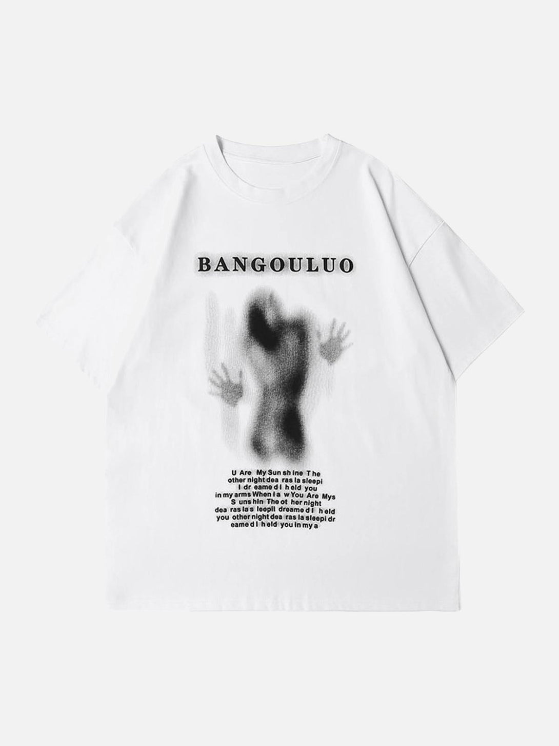 White T-shirt with a dark silhouette print by TALISHKO, offering a unique front design.