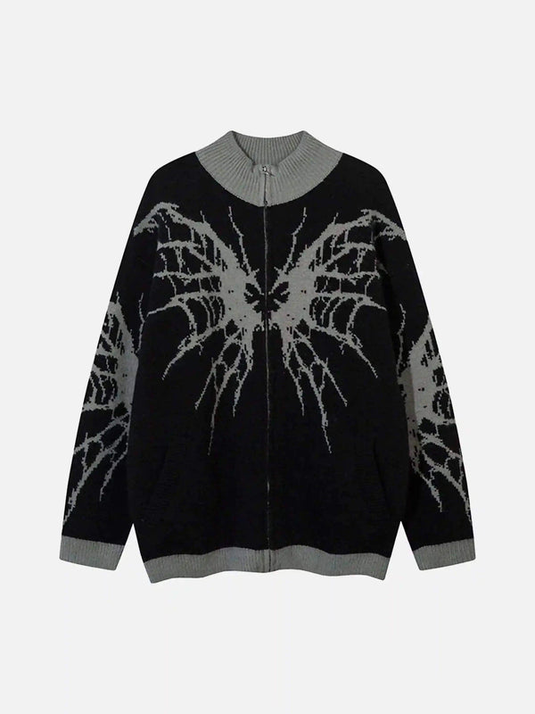 Front view of a black spider web cardigan with a zipper and stand collar by TALISHKO.