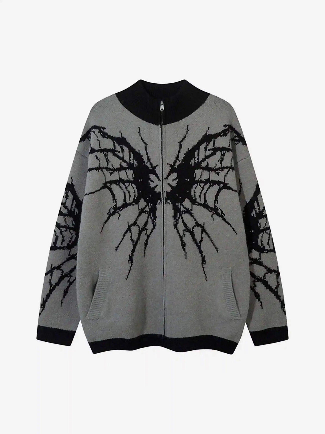 Front view of khaki cardigan with a spider web design and stand collar by TALISHKO.