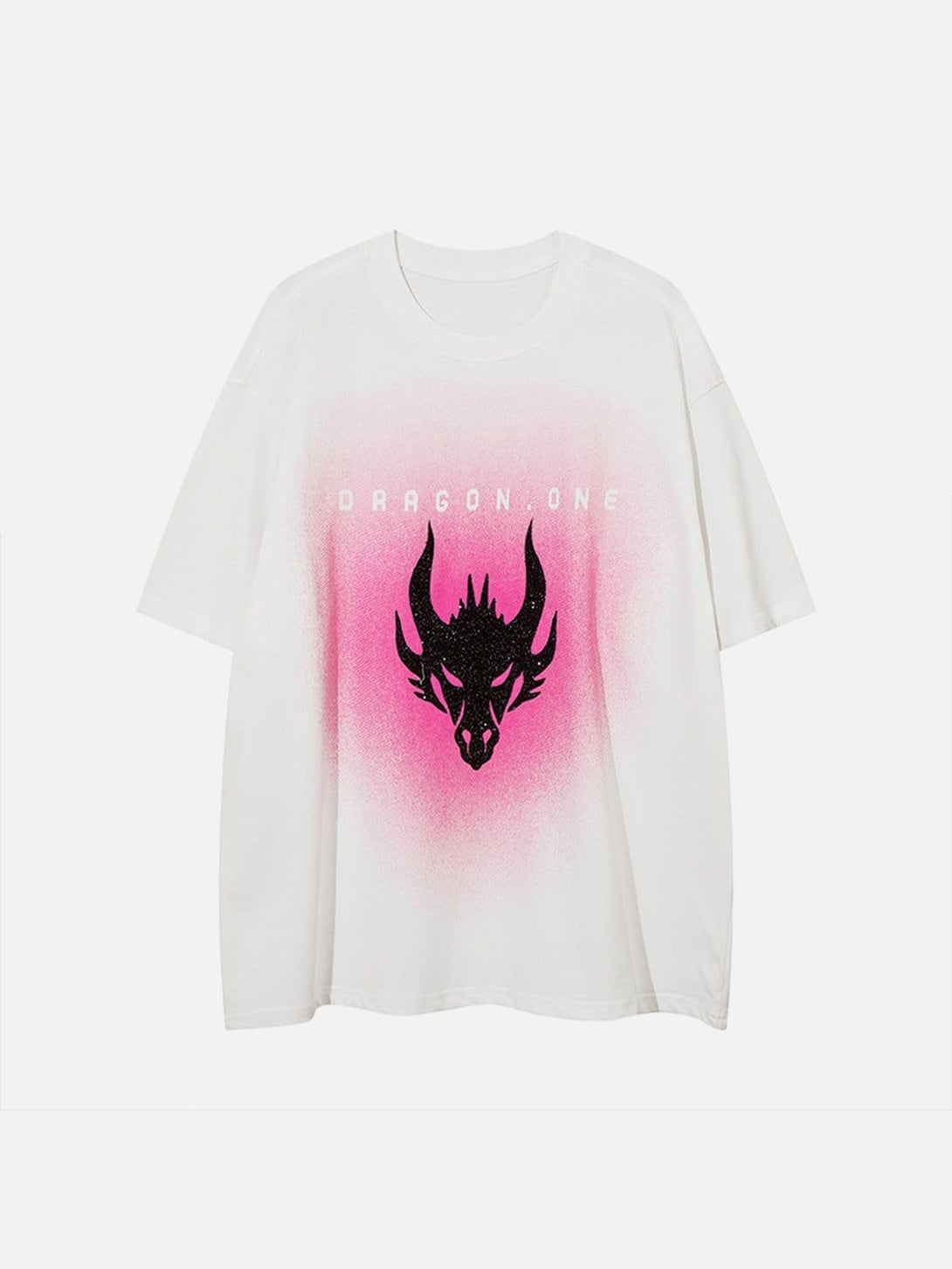Front view of a white tee with a pink dragon print by TALISHKO, adding a bold touch.