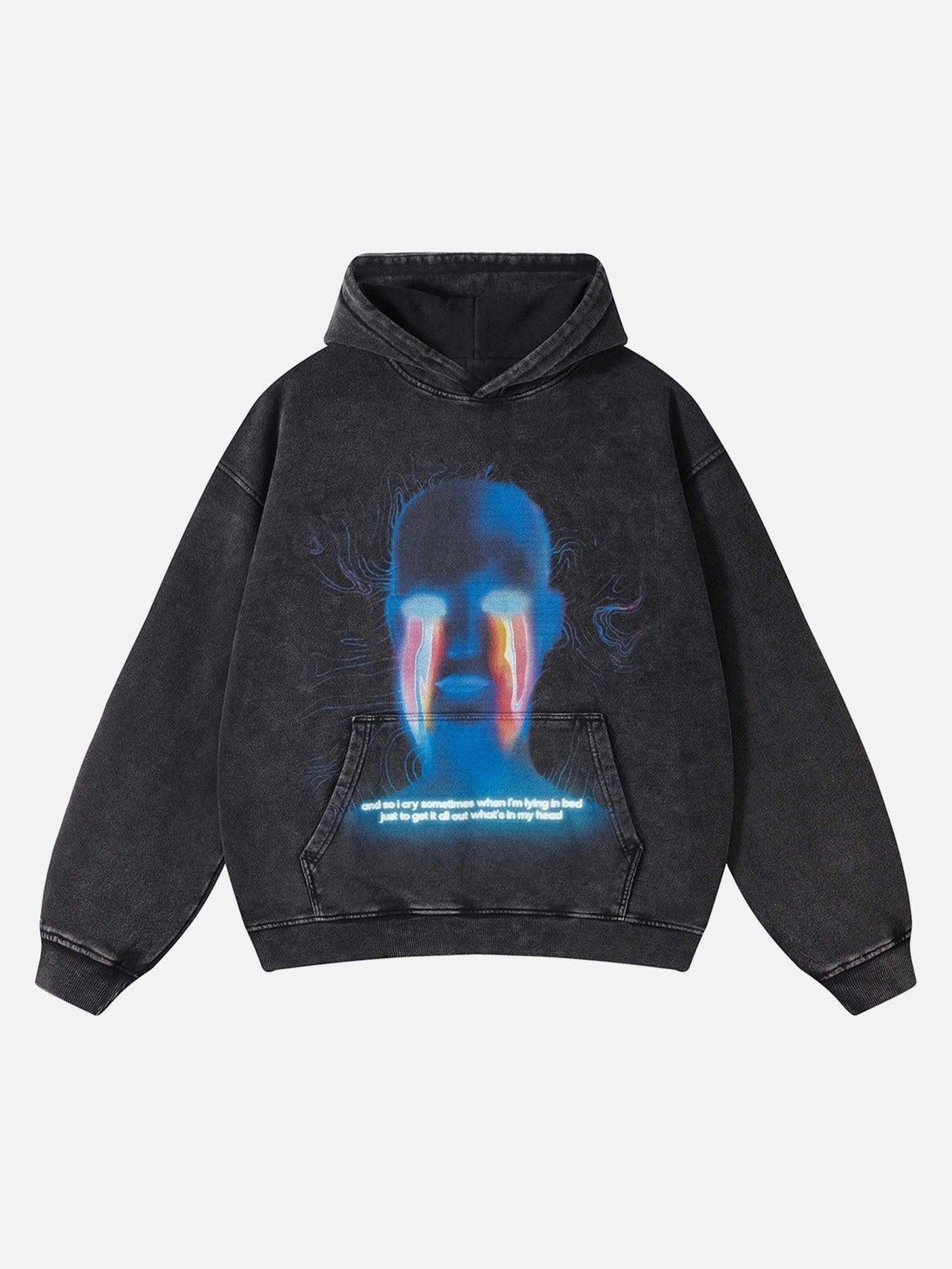 Front view of a black hooded sweatshirt by TALISHKO featuring a vibrant, artistic graphic design.
